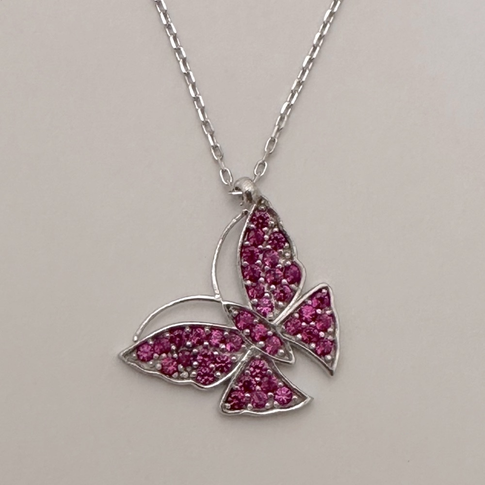 925 Silver pink cz cubic zirconia stones butterfly necklace